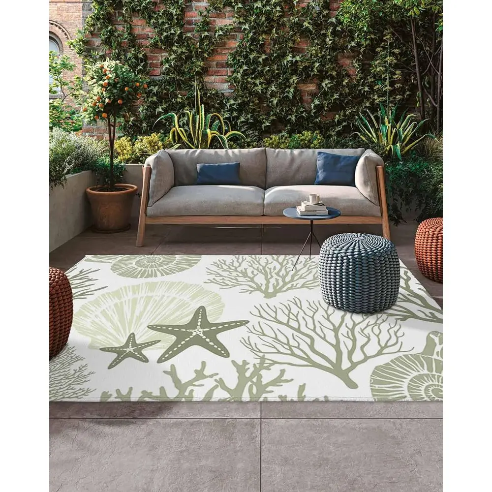 

Patio Outdoor Rug with Coral and Shell Design, Non-Slip Absorbent Mats for Deck, Backyard, Porch, Marine Green