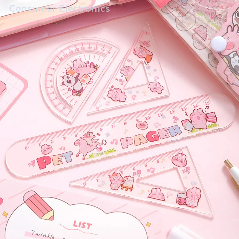 1Set Cute Transparent Measuring Trigonometric Straightedge Protractor Student Essential Measuring Acrylic Ruler School Supplies