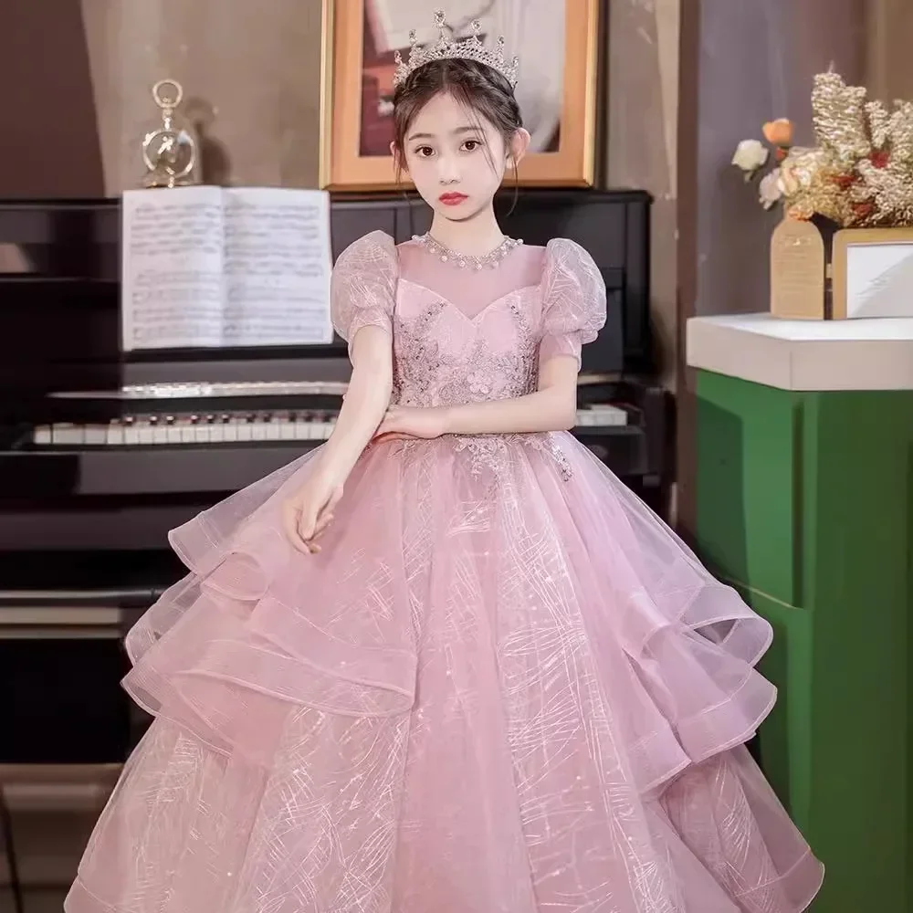 Piano Performance Dress 2024 New Pink Super Immortal Flower Girl Fluffy Princess Dress Little Girl Model Walk Dress