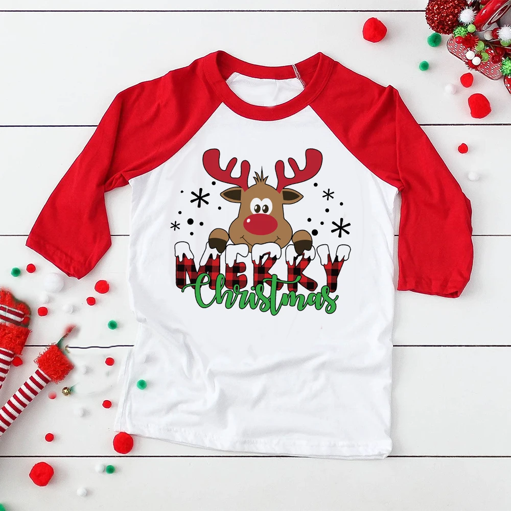 

Merry Christmas Deer Print Kid Raglan Shirt Boys Girls Christmas Party T-Shirt Fall Xmas Outfit Child Long Sleeve Tops Clothes