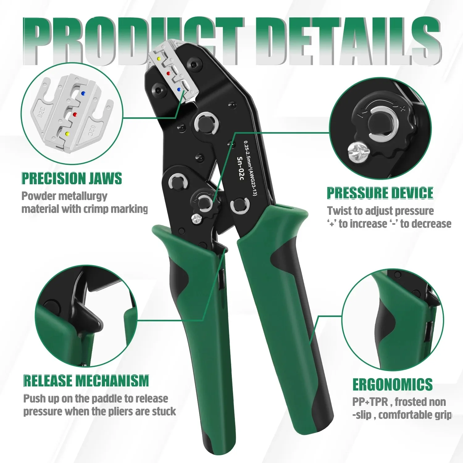 أداة العقص SN-02C للكهرباء المعزولة -AWG 23-13 أدوات المكشكش السقاطة - كماشة تجعيد الأسلاك - للموصلات المعزولة #4
