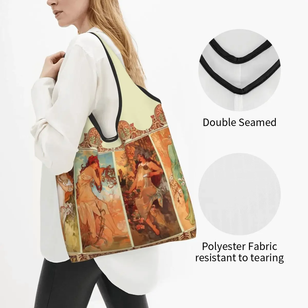 Alphonse Mucha Four Seasons Shopping Bags Reusable Grocery Eco Bags Large Capacity Women Recycling Bags Washable Handbag