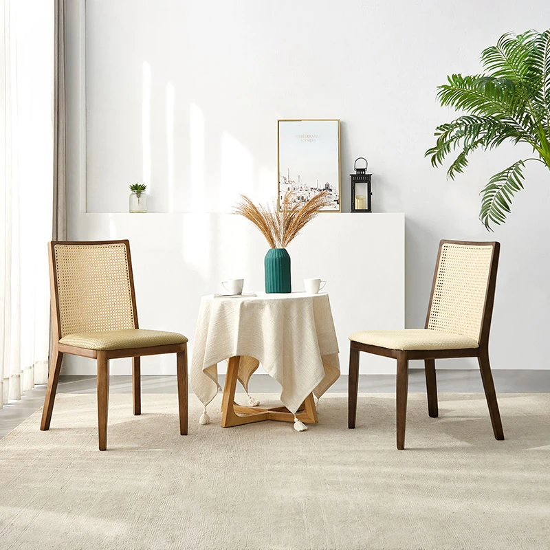 Nordic solid wood dining chairs, simple household rattan woven chairs, backrests, stools, hotels, restaurants