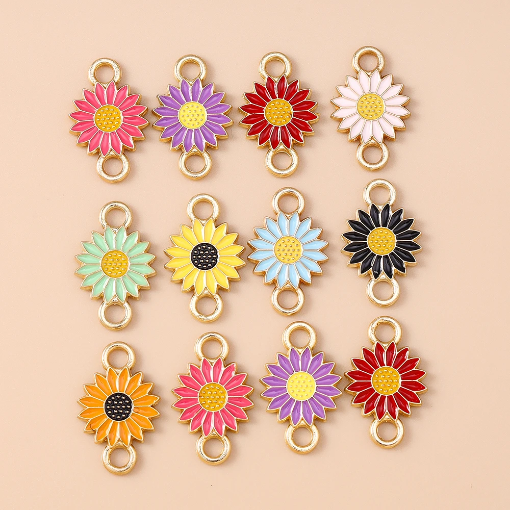 Leslie 10 Stück 13*21mm Emaille-Gänseblümchen-Anhänger mit Doppelloch für Schmuckherstellung, Blumen-Ohrringe, Armbänder, Halsketten, DIY – Detail 2