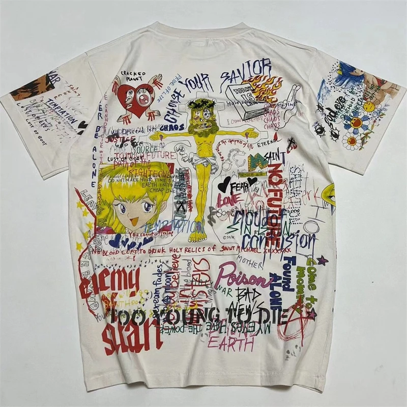 Graffiti Print Vintage Saint T-Shirt Men Women Round Neck Washed T Shirt Tops Tee