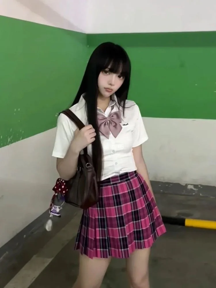 

Оригинальный базовый комплект Sle College Wind Set Small Rose Cheered ort Юбка Island White irt Полиэстер ort Све Button up