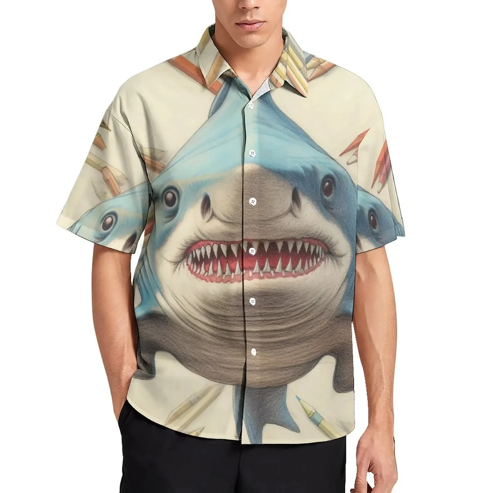 

Men's short-sleeved shirts with handsome shark print, casual and fashionable, large size comfortable men's shirts for summer new