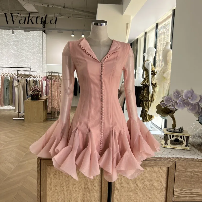 

WAKUTA Temperament O Neck Flower Bud Breasted Slim Fit Robe Sweet Salt Chic Design Sense Однотонное летнее платье в стиле Харадзюку в стиле ретро