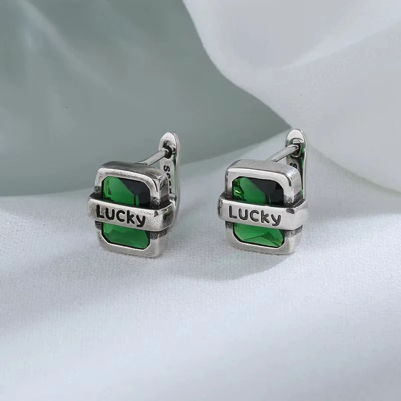 Green Zircon Luck Earrings for Women Vintage Geometry Charming Simple Punk Chic Birthday Jewelry Gift