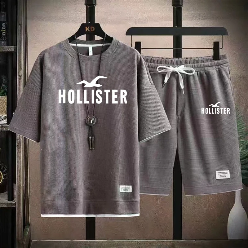 Новинка лета 2024, модный костюм из футболки с коротким рукавом Hollister, мужской повседневный свободный удобный высококачественный комплект из