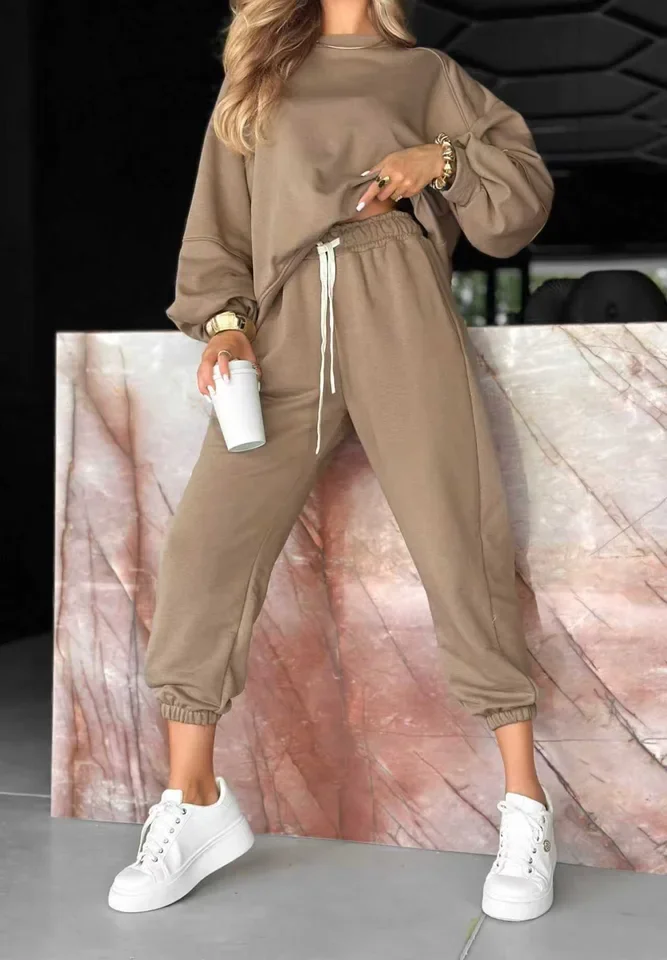 

Autumn New Casual 2 Piece Set Loose O-neck Long Sleeve Pullover High Waist Lace Up Trousers Set Fashion Commuting Women Clothing