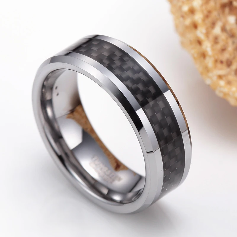 Tigrade 6/8mm Black Carbon Fiber Men\'s Ring Tungsten Carbide Engagement Ring Wedding Band Men Women Design anel mascul