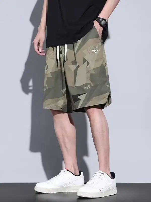

Летние новые мужские повседневные камуфляжные брюки из ледяного шелка, тонкие, прямые, свободного кроя, спортивные шорты-брифы, длиной до колена