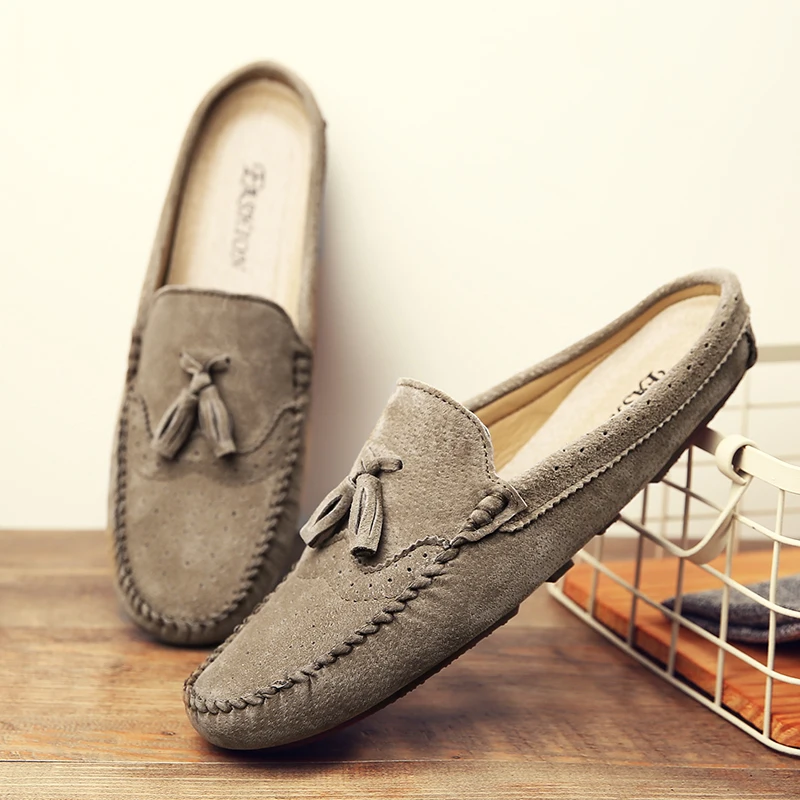 

High Quality Suede Men's Half Slippers Genuine Leather Men Casual Shoes Fashion Loafers Slip on Flats Lightweight Driving Shoes