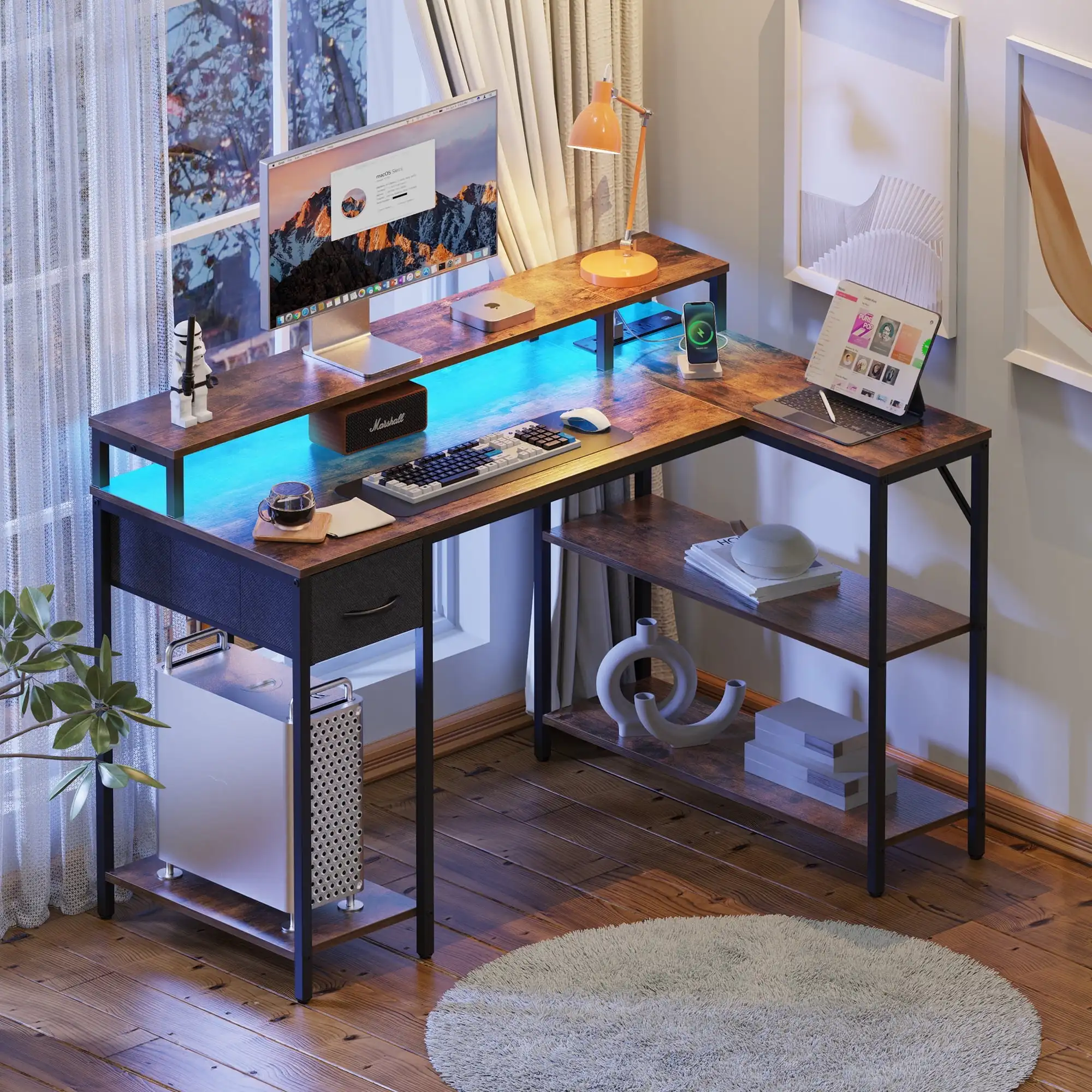 L-Shaped Gaming Desk, LED Computer Desk with Power Outlets, Office Corner Desk with Drawer, Reversible L Shape Desk in Brown