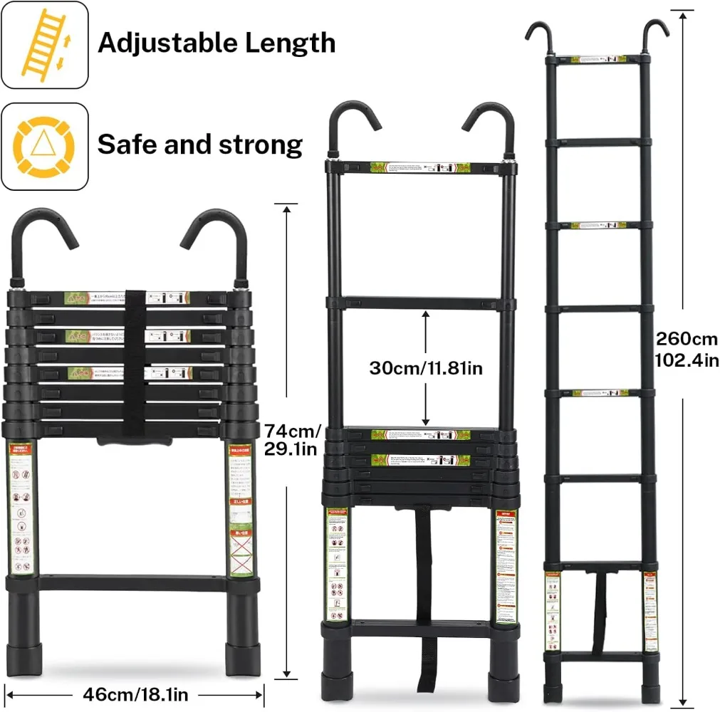 Telescopic Ladder, 8.5FT RIKADE Aluminum Telescoping Ladder with Non-Slip Feet and Stable Hook, Portable Extension Ladder for