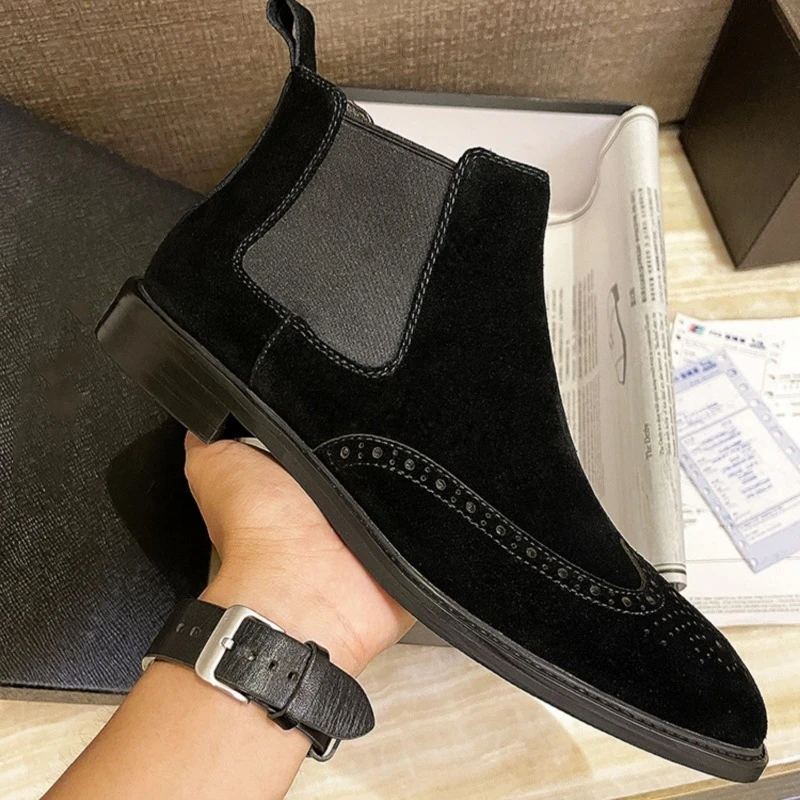 

New Men's Boots Genuine Leather Brogue Casual Business High Top Shoes Male Ankle Boots Black Outdoor Fashion Chelsea Boots