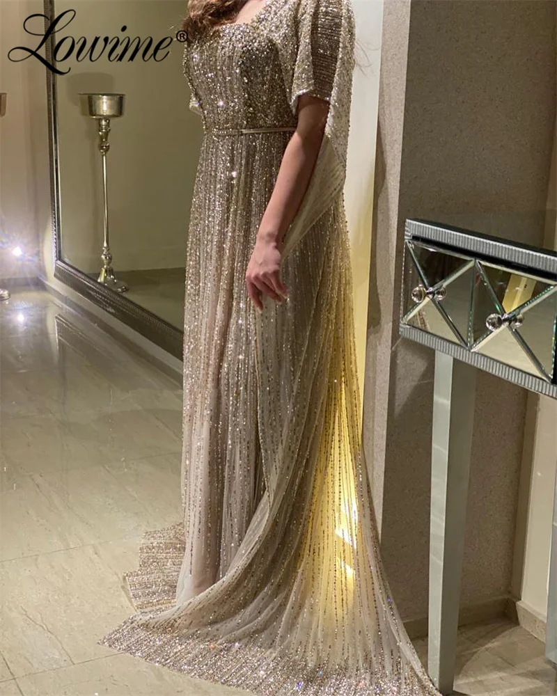 Heavy Beading Crystals Luxury Evening Dresses Dubai Design Cape Sleeve Plus Size Prom Gowns Women Wedding Party Dress Customized