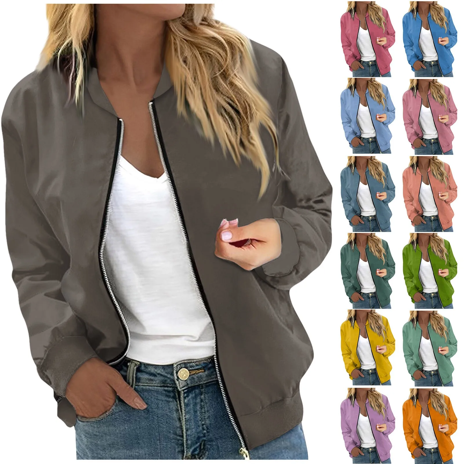 

Women's Long Sleeve Casual Zipper Outerwear Unisex Solid Color Minimalist Slim Jacket Lady Office Versatile Zipper Coat