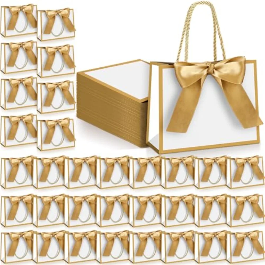

50 Pcs Metallic Gift Bags with Handle Small Luury Party Favor Bag with Bow Ribbon for Wedding Birthday Bridal Shower Bridesmaid