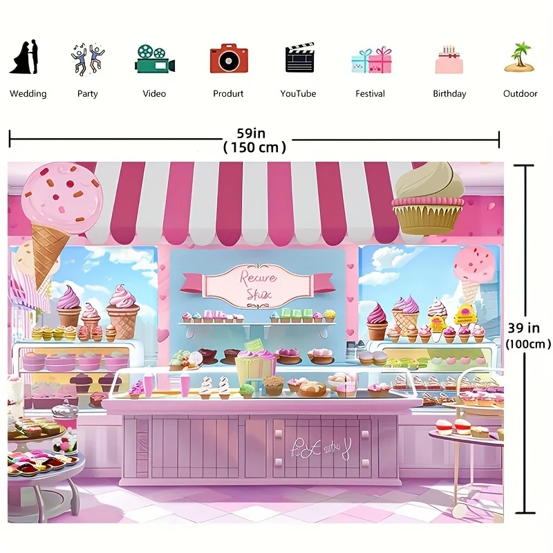 Ice cream shop background, summer pink sweet candy princess girl shower, birthday photography background, donuts