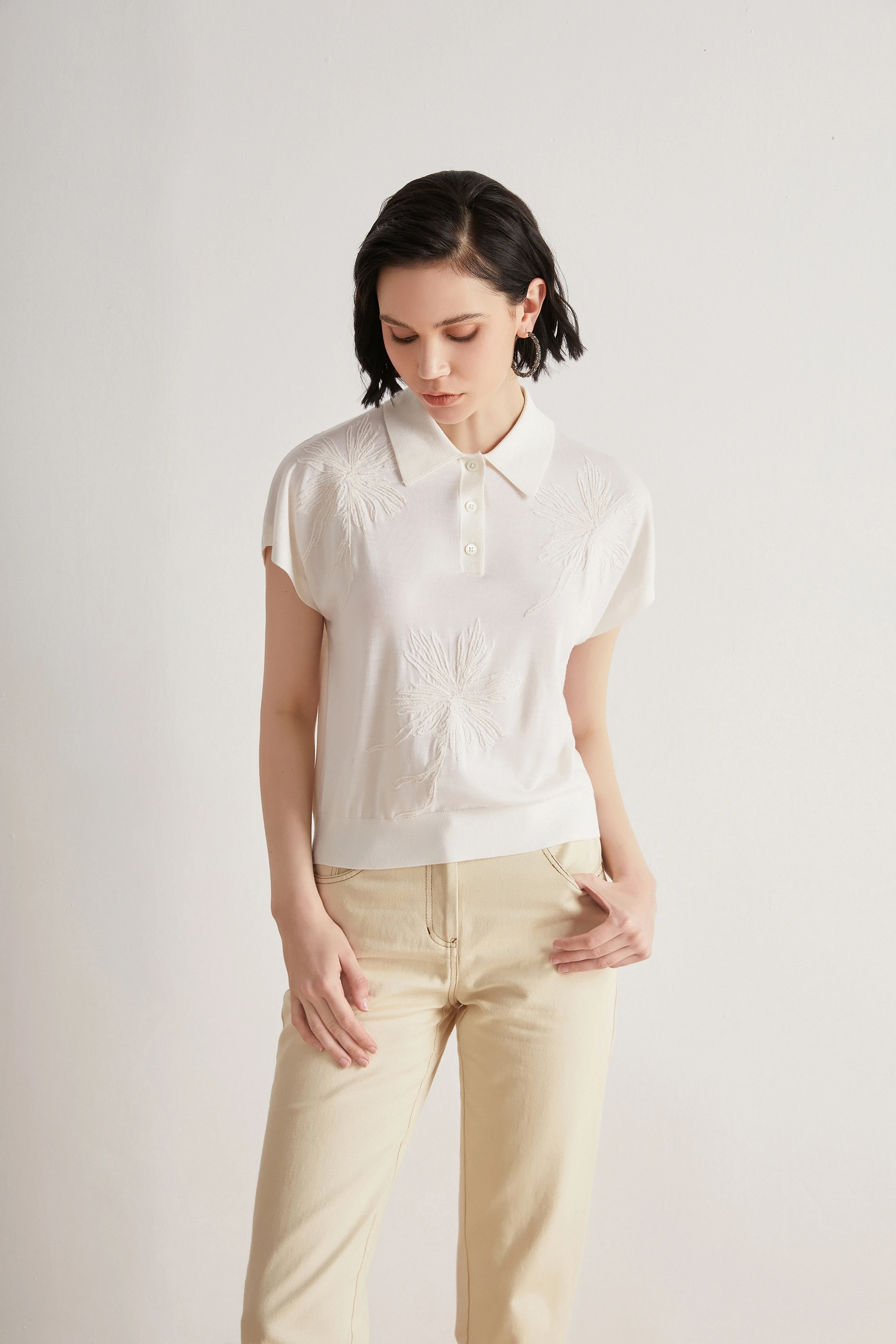 Exquisitely trimmed merino wool silk short sleeve blouse