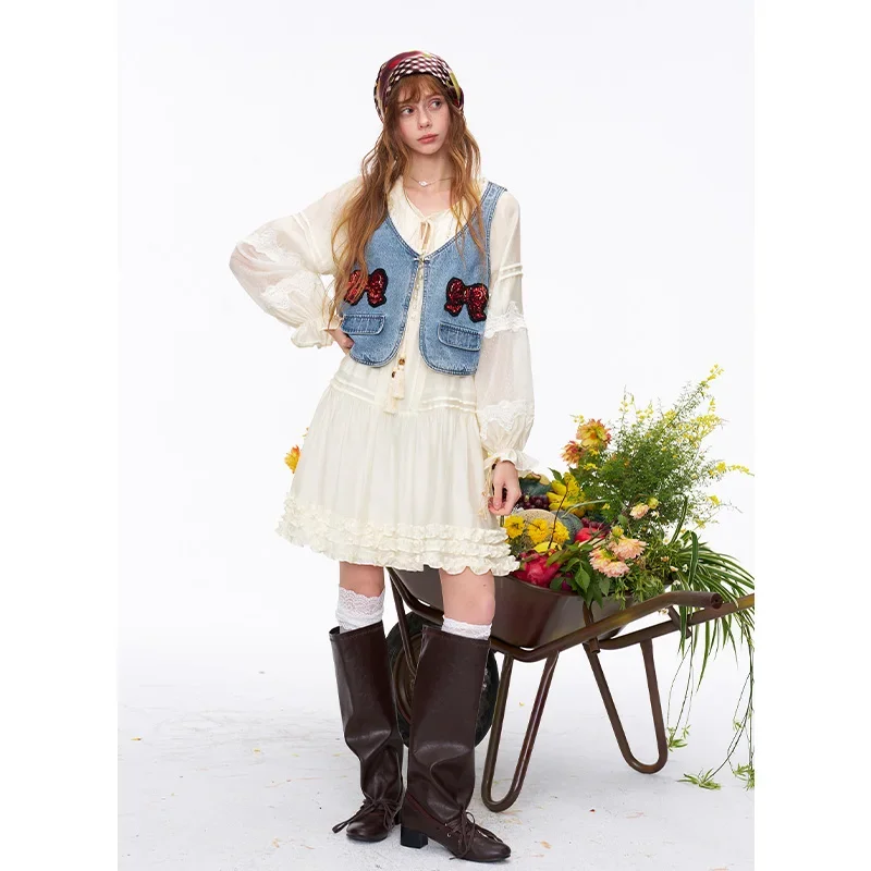 ELFSACK Boho Lace Ruffle Mini Dress Vintage Long Sleeve Flowy Chiffon Dress with Tassel Tie Casual