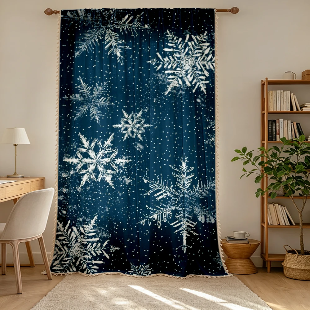 1PC Winter Tassel Sheer Curtains, Blue Snowflake, Digital Print, Linen Polyester, Bedroom Living Room, Rod Pocket Polyester