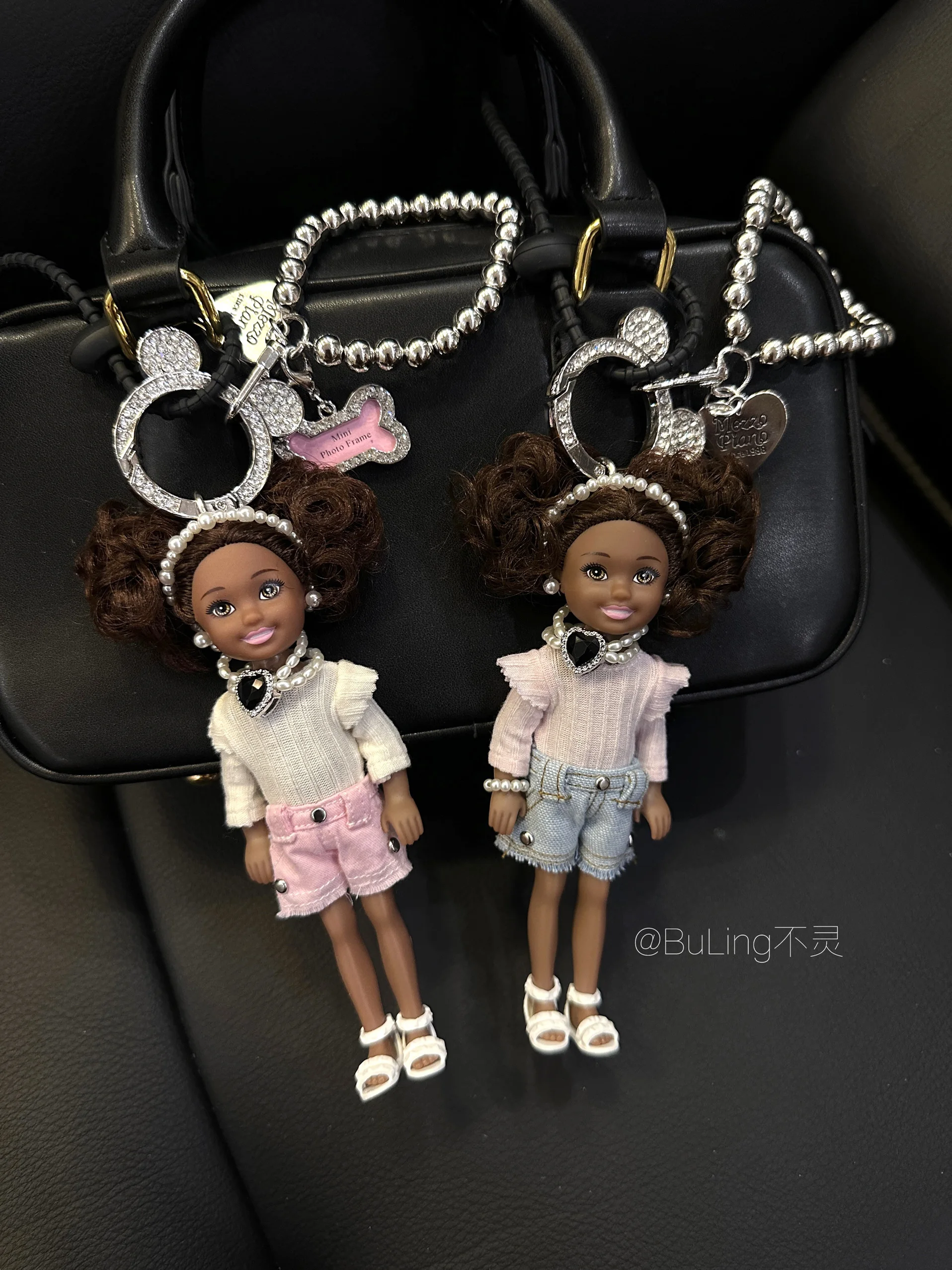 Dophee Original Personality Bag Pendant Pink Denim Overalls Black Big Hair Rhinestone Beads Backpack Pendant Women Keychains