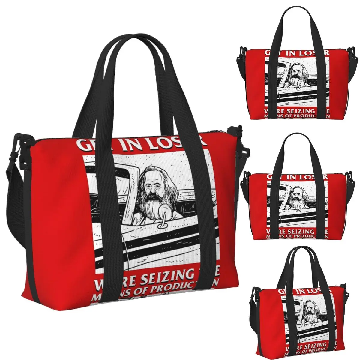 

Get In Loser We're Seizing The Means Of Production Beach Travel Bag Tote Bags for Gym Sport Women Shopping Duffle Shoulder Bag