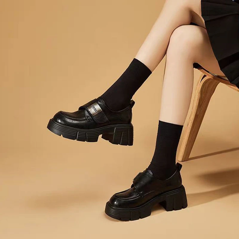 

Универсальная женская обувь на плоской подошве на толстом каблуке, весна 2025, маленькие кожаные туфли на высоком каблуке, туфли на массивном каблуке