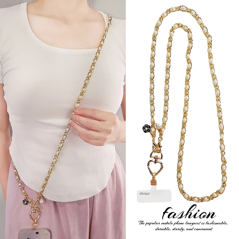 

Модная женская цепочка для телефона через плечо и ремешок, цепочка с камелией и жемчугом, универсальный модный чехол для телефона