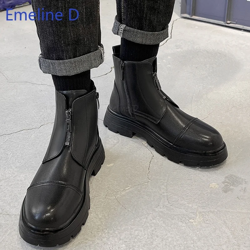 Men Round Toe Ankle Boots Leather Dual Zipper Closure Cap Toe Thick Lug Sole Chunky Platform Daily Street Fashion Short Boots