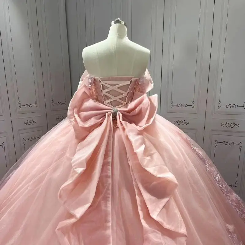 Robes de Quinceanera roses et brillantes, appliques de perles, dentelle, fleur, hydro-nœud, robe éducative de 15 ans, fête d'anniversaire, robe de princesse Sweet 16