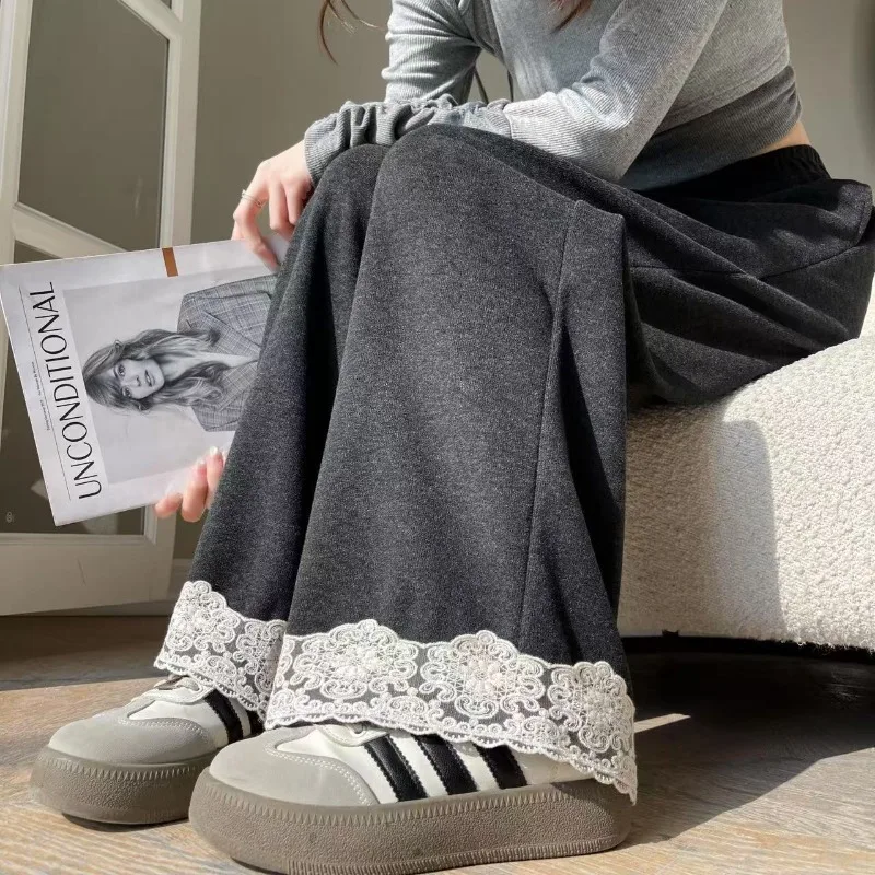 Lace Lace Spliced Wide-leg Pants for Women in Spring High Waist Loose Slim Straight Pants Small Nine-point Guard Pants
