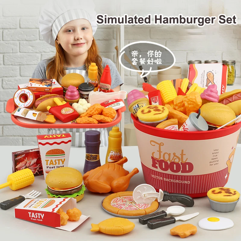 60PCS Simulation Breakfast Fast Food Set Kitchen Cooking Set Toys Creative Children's Role-playing Food Toys Pretend Play Toys