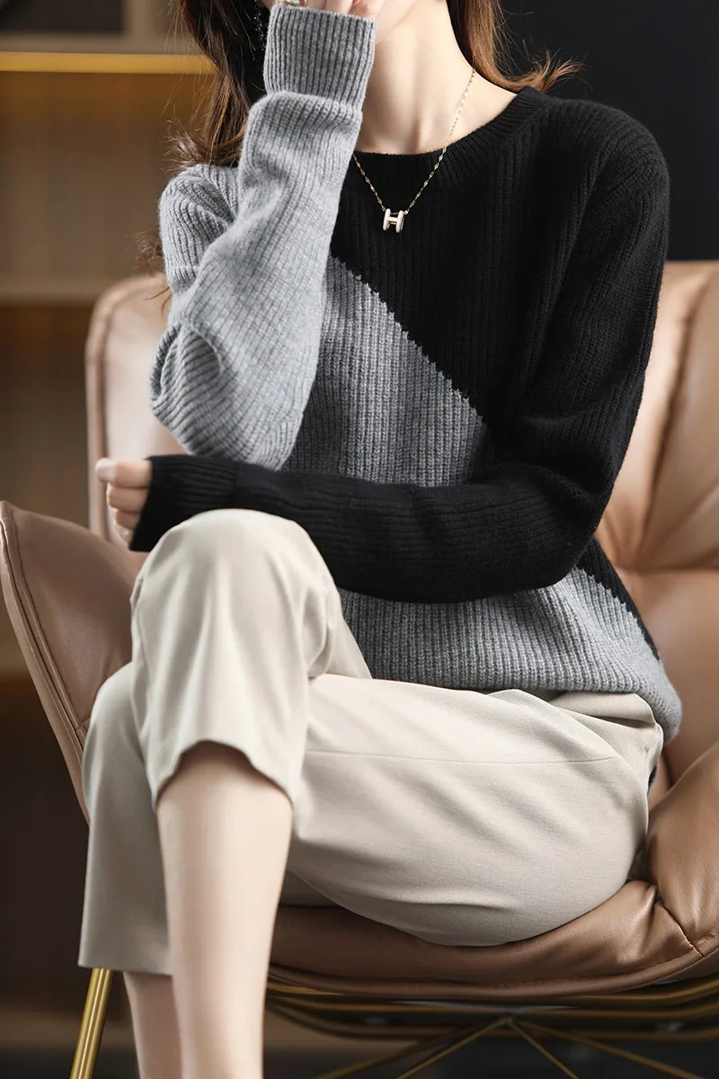 

Fashion 100% Merino Wool Sweater Basic Color-blocking O-Neck Cashmere Pullover Women Clothing Autumn Winter Comfort Warm Top