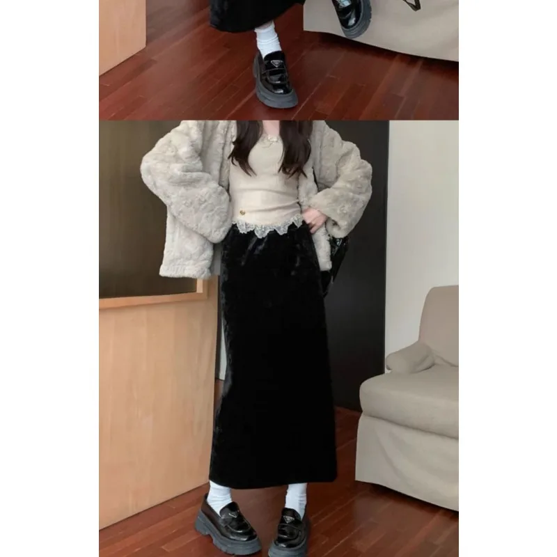 Damen 2025, Herbst und Winter, neuer Stil, gespleißt, hohe Taille, Schlitz, A-Linie, hüftbetonter Samtrock