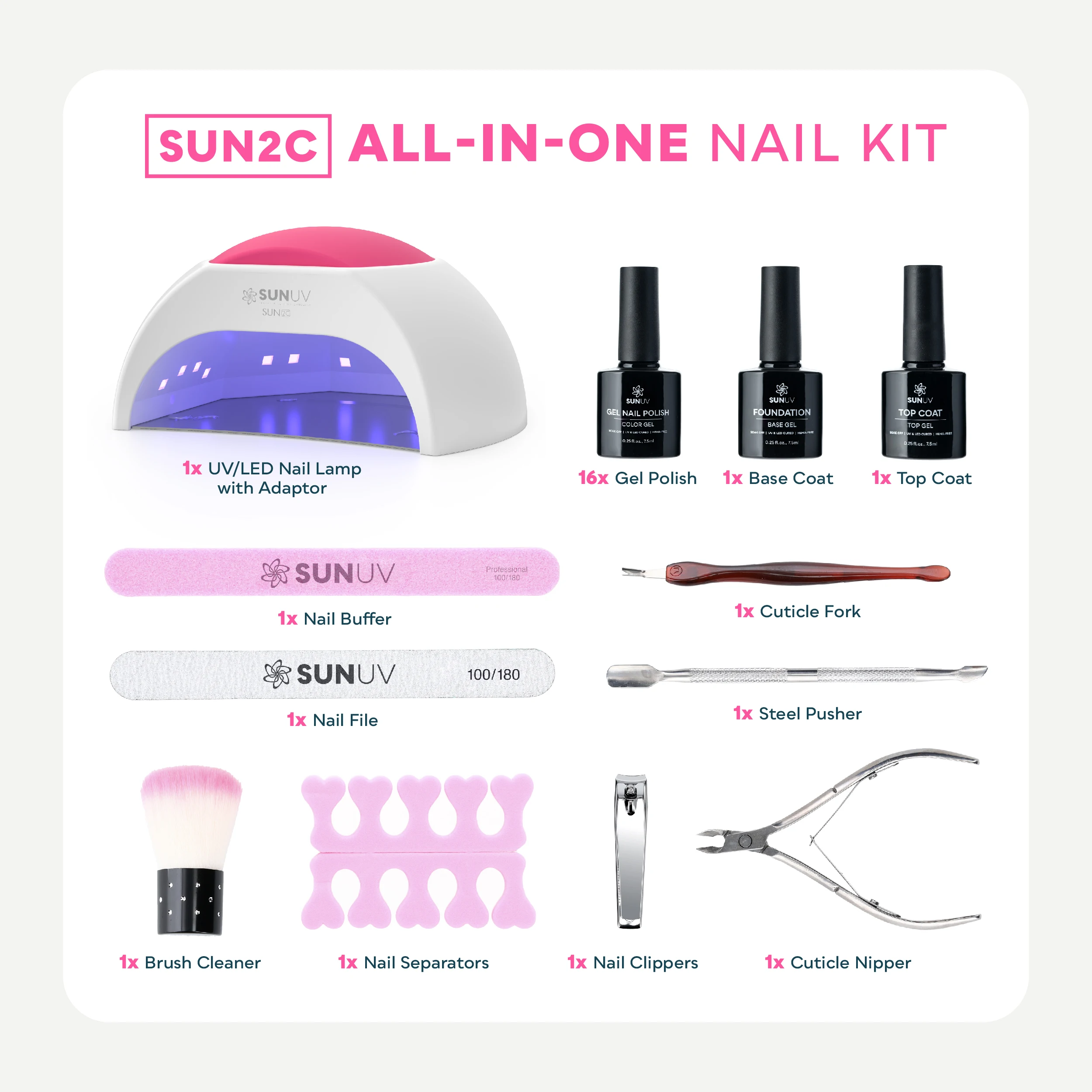 SUNUV Gel Nail Polish Kit with UV Lamp SUN2C 48W 16 Colors Nai Polish Base & Top Coat 8 Nail Tools Complete Manicure Set