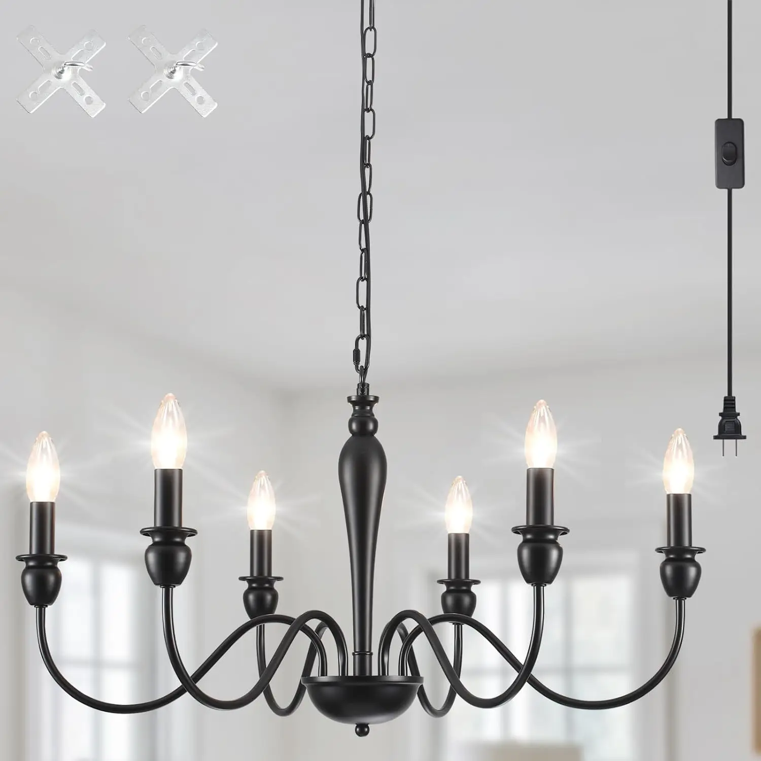 

6-Light Plug-in Chandelier with 15ft Cord, Black Farmhouse Hanging Light for Living Room, Dining, Bedroom