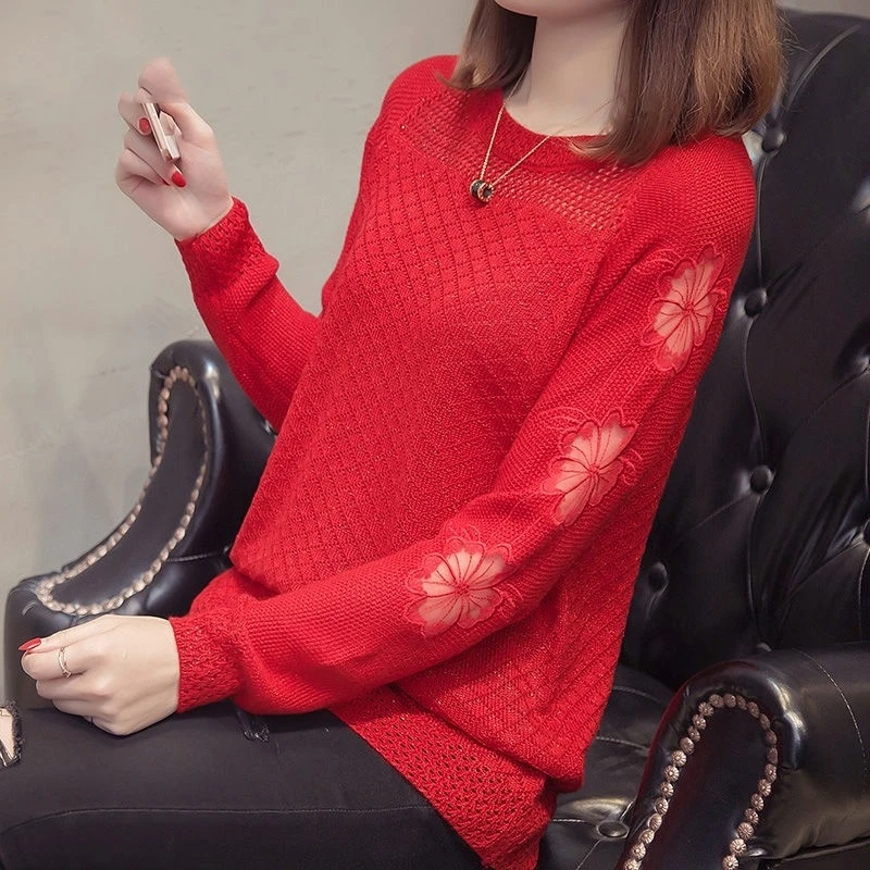 Spring Autumn New Women Simplicity Commute Solid Color Spliced Hollow Out Lace Round Neck Loose Sweater Knitted Long Sleeve Tops