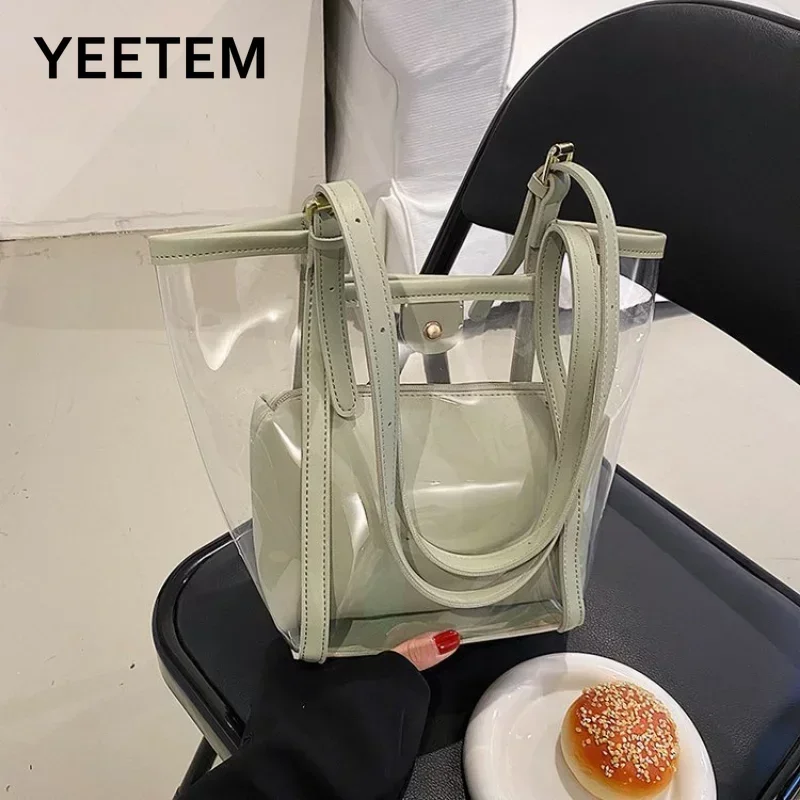 

Fashion Bucket Shoulder Bag PVC+PU New Fashion Transparent Jelly Underarm Bag Tote 2 In1 PVC Bucket Handbags