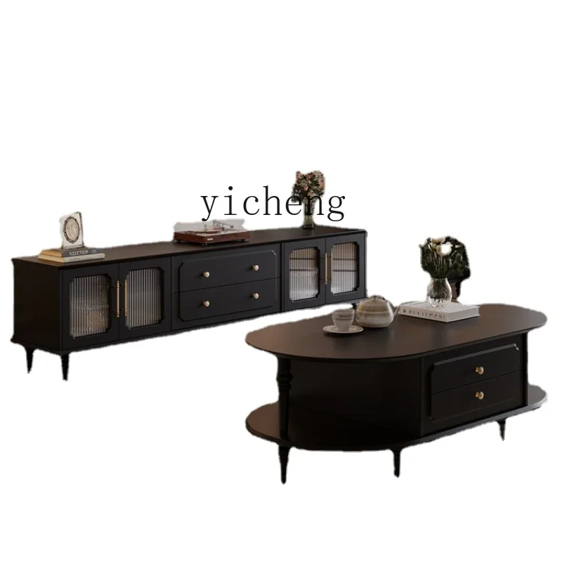 

ZK Home TV Cabinet and Tea Table Combination French Small Apartment Living Room Solid Wood Black home decoration accessories