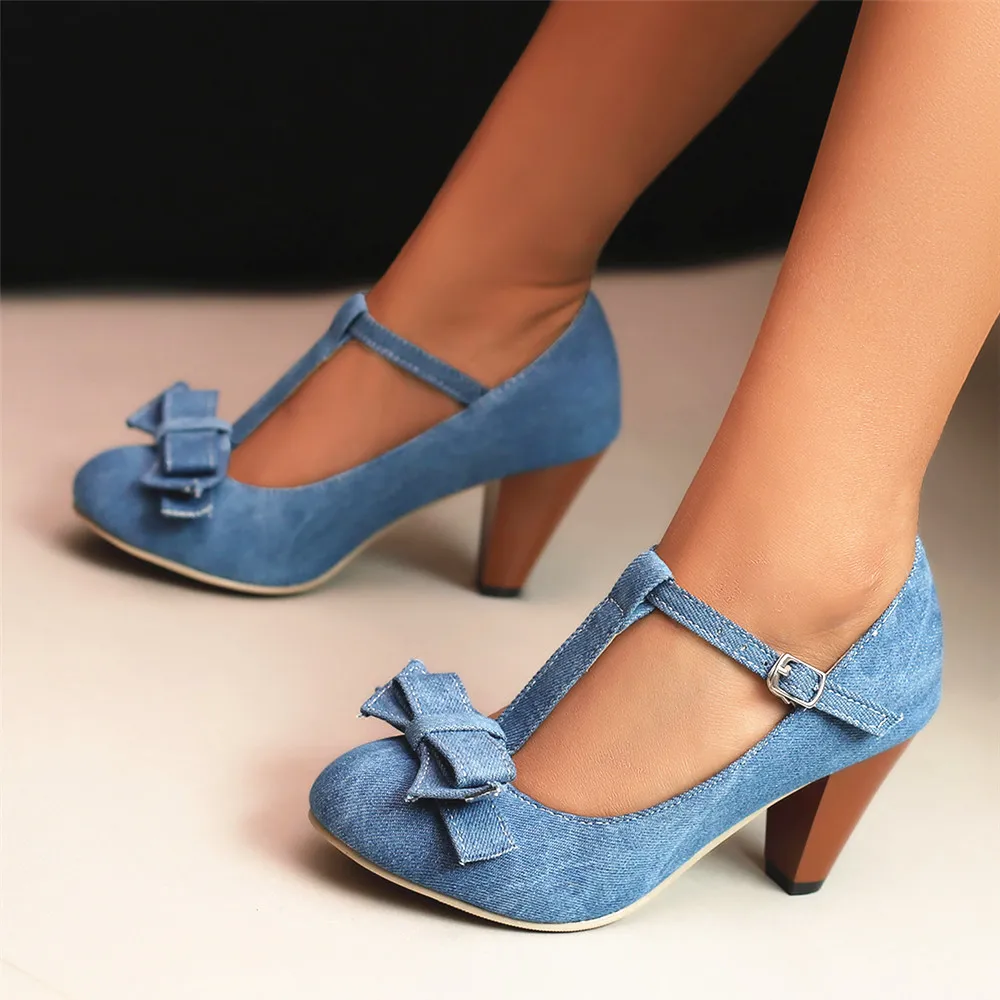 2024 Spring Summer Girls High Heel Shoes Denim Pumps T-Buckle Fashion Women\'s Spike Heels High Heels for Office Party Banquet