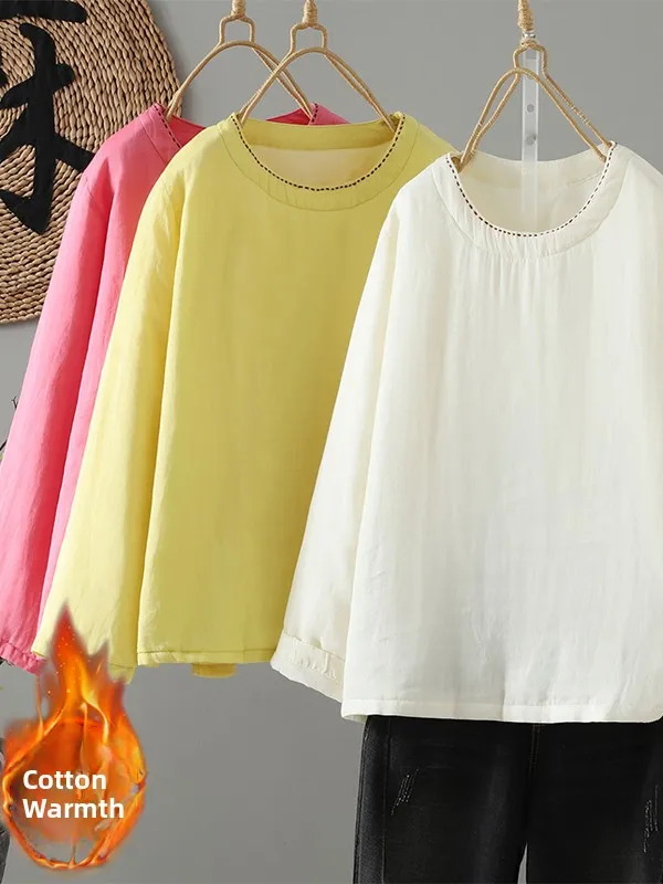 

Свободный крой, круглый хлопковый джет, женская осенне-зимняя теплая теплая однотонная льняная верхняя одежда, комбинированная верхняя одежда