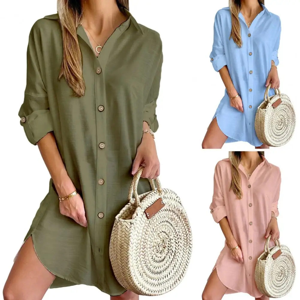 Casual Dress Elegant Single-breasted Women's Dress with Split Hem Cufflink Buttons Versatile Above Knee Length Shirt for Fall