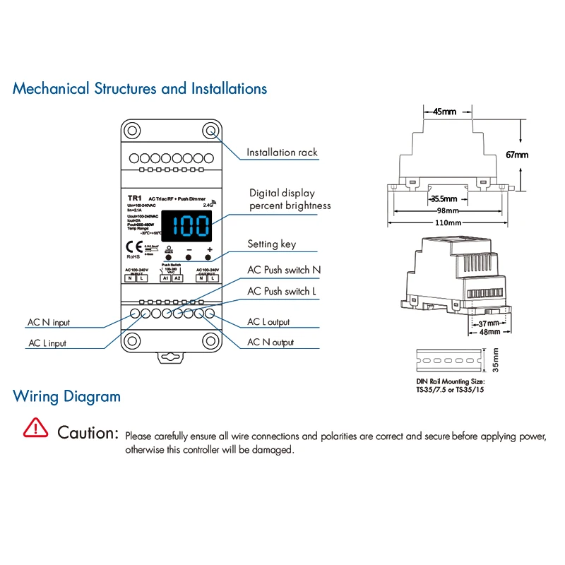 TR1 single color Led lamps RF Push Triac Dimmer 110V 220V AC High Voltage Input Trailing Edge Dimming Din Rail Triac Dimmer