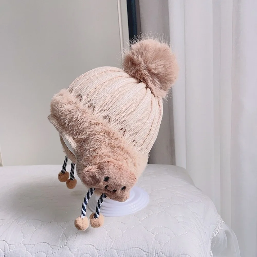

New Warm Knitted Hat Windproof Cute Bear Pullover Cap Pompom Coldproof Ear Protection Hat Baby