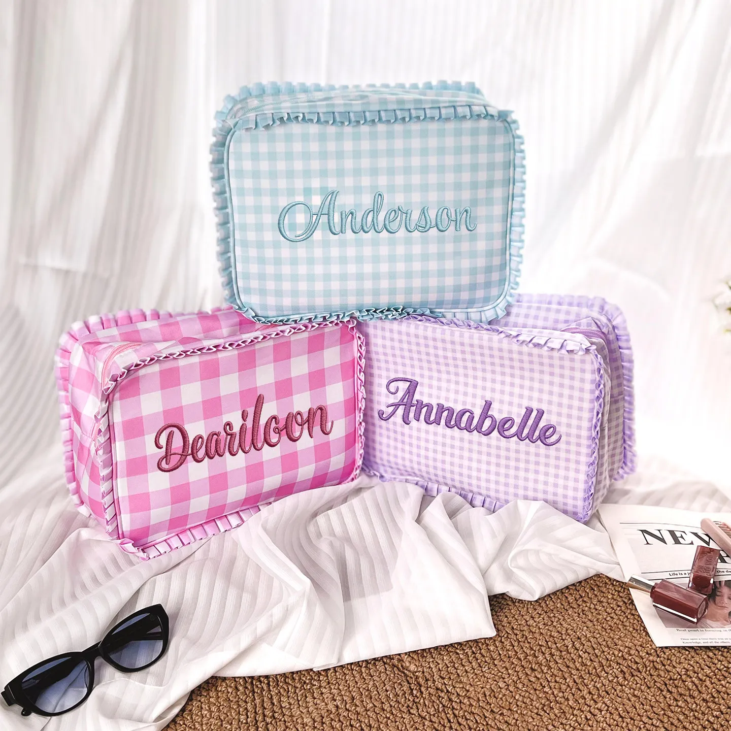 Custom Embroidered Name Cosmetic Pouch – Gingham & Stripe Ruffled Makeup Bag for Women, Travel Organizer, Sweet Gift