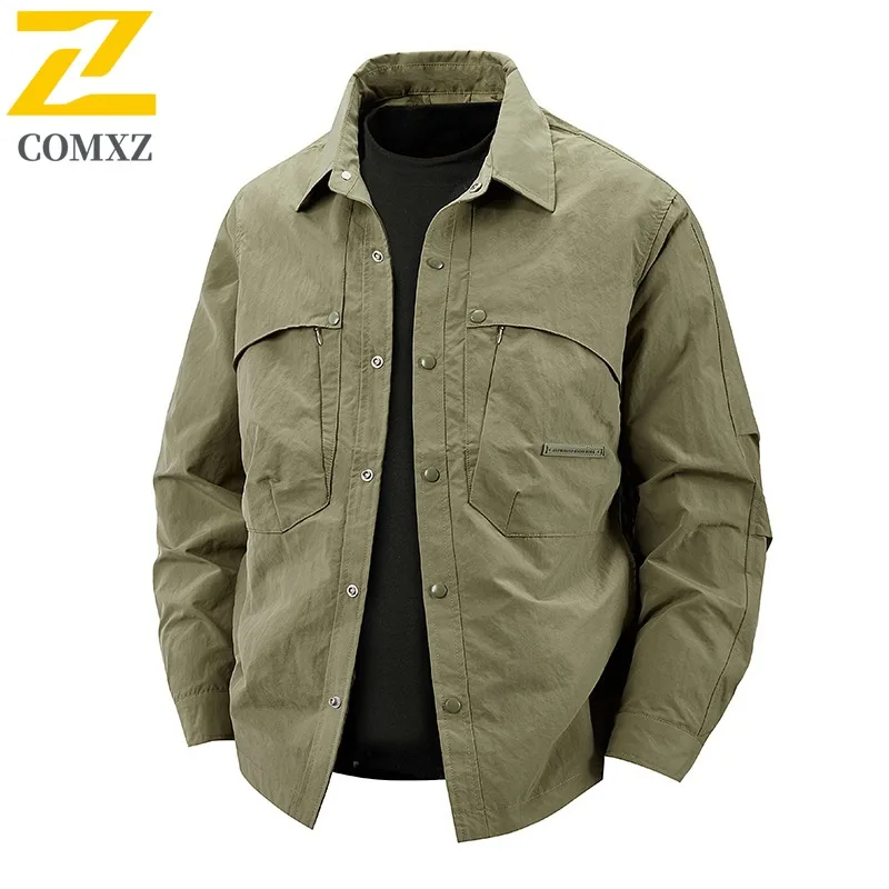 

COMXZ 2025 Мужская куртка с вырезом на воротнике, модное пальто с несколькими карманами, молодежная весенне-осенняя модная верхняя одежда в уличном стиле